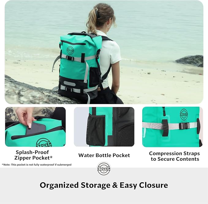 STOVER 30L Waterproof Dry Backpack & Phone Case - X-Large Floating Dry Bag for Kayaking, Travel, Hiking, Fishing, Camping, Motorcycles & Beach, Heavy-Duty Roll Top Men/Women (Teal)