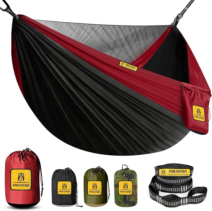 Camping Hammock with Mosquito Net, 500 lbs Portable Hammock with Tree Straps, 2-in-1 Double/Single Travel Hammock Tent for Outside/Indoor/Backpacking/Beach - Black & Red