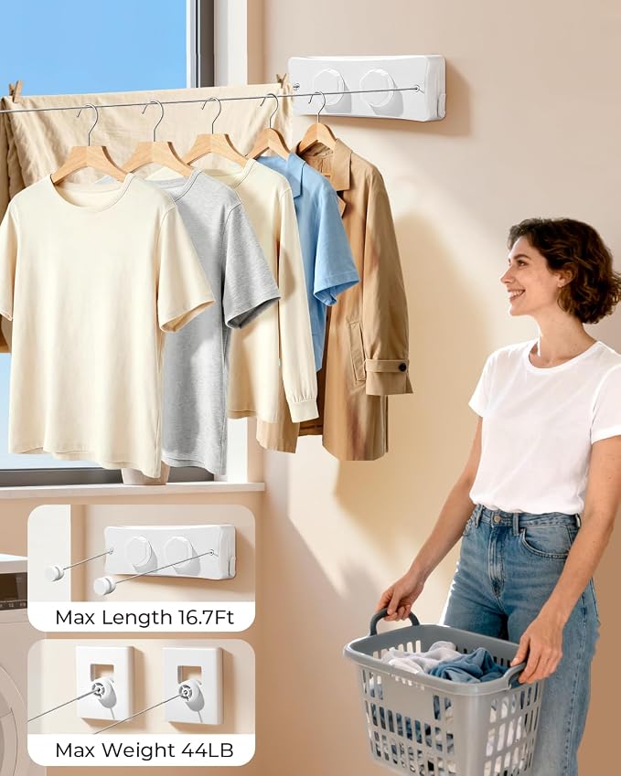 Retractable Clothesline 2X16.7 ft – Heavy-Duty 44 lb, Rust-Proof Stainless Steel, Wall-Mounted Indoor/Outdoor Clothes Line, Easy Install for Bathroom, Balcony & Apartment