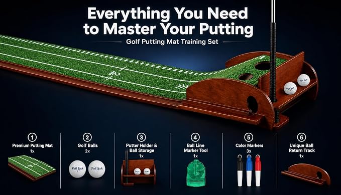 Putting Green Indoor with Automatic Ball Return – Golf Putting Mat with Putter Holder, 2 Golf Balls, Marking Tool & Storage – Portable Golf Training Aid & Gift for Men Home Office
