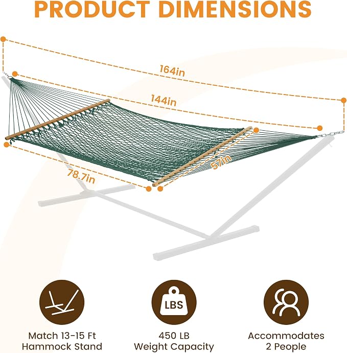 Lazy Daze Hammocks 12FT Double Rope Hammocks, 2 Person Hand Woven Cotton Hammock with Spreader Bar for Outside, Patio, Poolside, FIT 13-15 FT Stand, Max 450 Lbs, Green, 141 x 57 inches