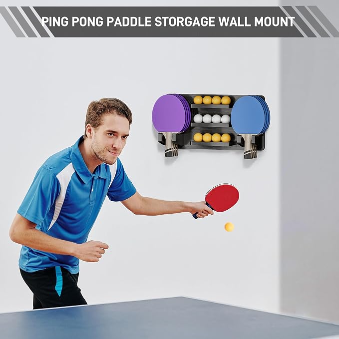 Ping Pong Paddle Holder Wall Mount Hold 8 Paddles and 12 Ball Storage, 100% Solid Wood Ping Pong Paddle Storage Rack, Table Tennis Accessories Organizer in Game Room,Man,Cave,Office,Home, Black