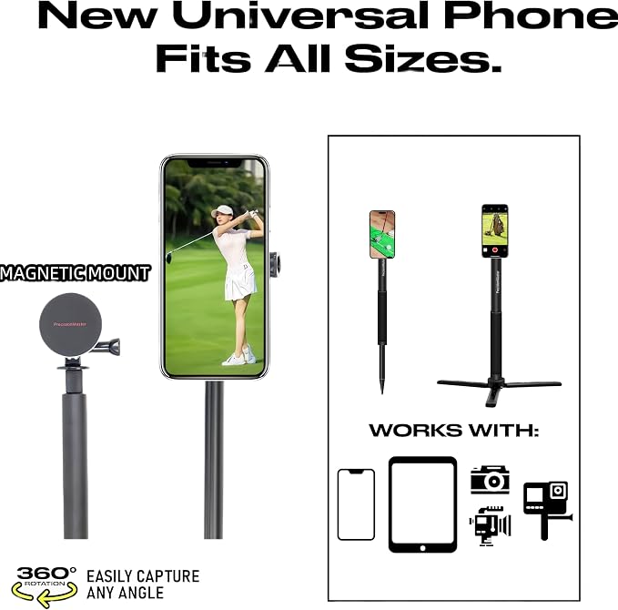 PrecisionMaster Golf Tripod & Monopod, Magnetic Golf Film Stick 52" Adjustable Aluminum, Golf Swing Training Aid Compatible with Mag-Safe iPhone Android Phones (4N Magnet)