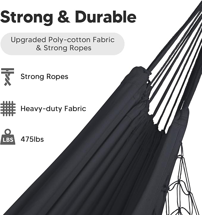 SUNCREAT Hammocks Outdoor Camping Double Hammock with Tassel, Fabric Hammock for Backyard, Dark Gray