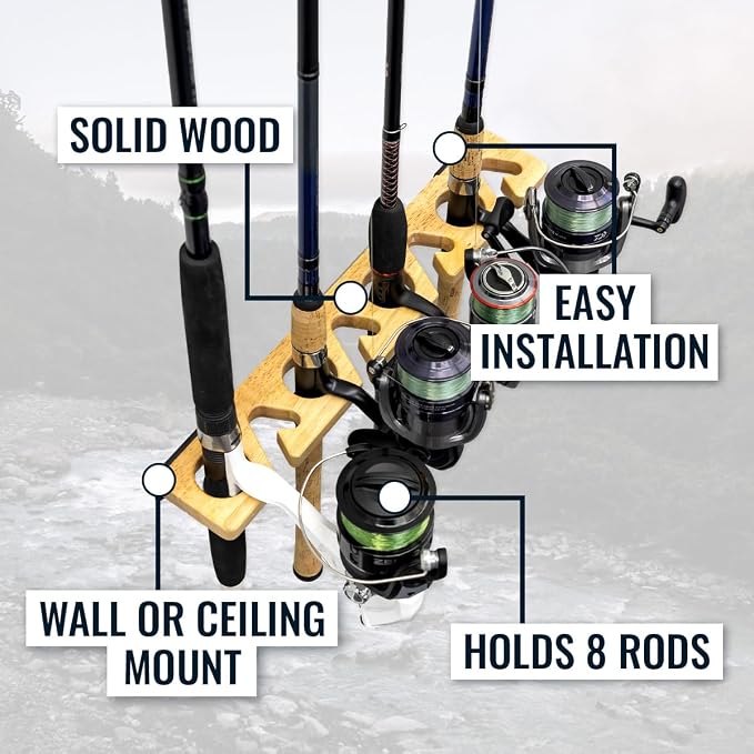 StoreYourBoard Stillwater Fishing Pole Holders for Garage, Wall and Ceiling Storage Rack for Fishing Rods, Solid Wood Garage Organizer Holds 8 Rods or Combos up to 40 lbs