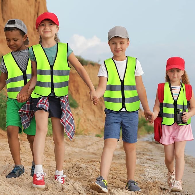 Unittype 20 Pcs Kids Reflective Safety Vest High Visibility Children Neon Vest with Zipper Construction Traffic Vest with Reflective Strips for Kids Aged 3-10, Cycling, Running, Green