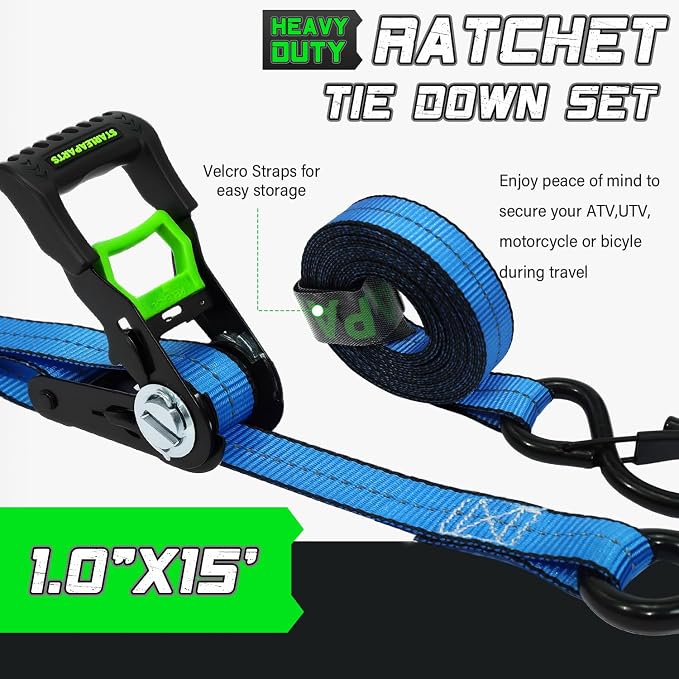 Motorcycle Tie Down Strap (4PK 1.0INX15FT) - 2,100lb Break Strength, Premium Ratchet Tie Down Straps Set, Soft Loop Ratchet Straps for Moving Appliances, Lawn Equipment, Cargo Straps for Trucks