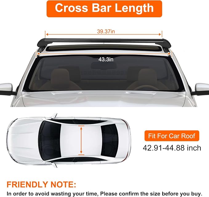 43inch Universal Car Roof Rack, Aluminum Car Roof Rack Cross Bars, Anti-Theft Lock, Adjustable Window Frame for Bike Kayak Cargo Luggage, 42.91-44.88 inch Distance Between Rain Grooves, 165LBS Load