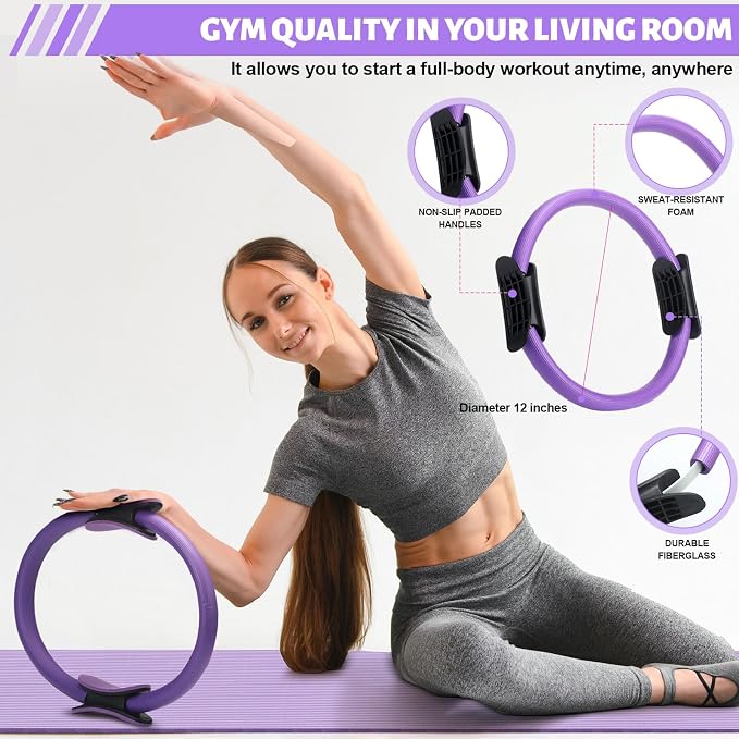 RoundFunny Set of 18 Pilates Ring Essential Kit for Women Pilates Ring and Ball Ankle Resistance Band Yoga Strap Socks Mat Arm Stretcher Latex Tube Gym Back Bag Exercise Equipment for Workout
