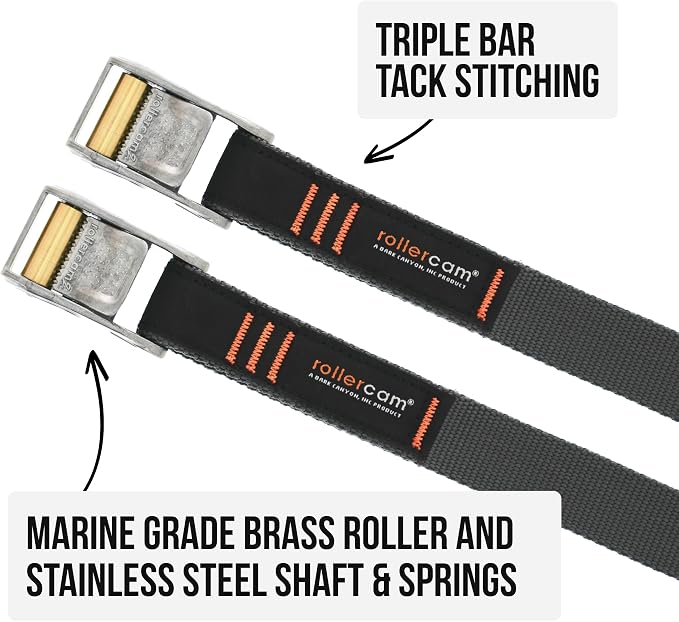 Rollercam 1.0” Tiedown Straps with Rollercam Buckle - Cam Strap Polypropylene Webbing with Triple-Bar Tack Stitching – Outdoor Gear Heavy-Duty Lashing Straps, 350 lb Load, Straight End, 4 Pack, 4 Foot