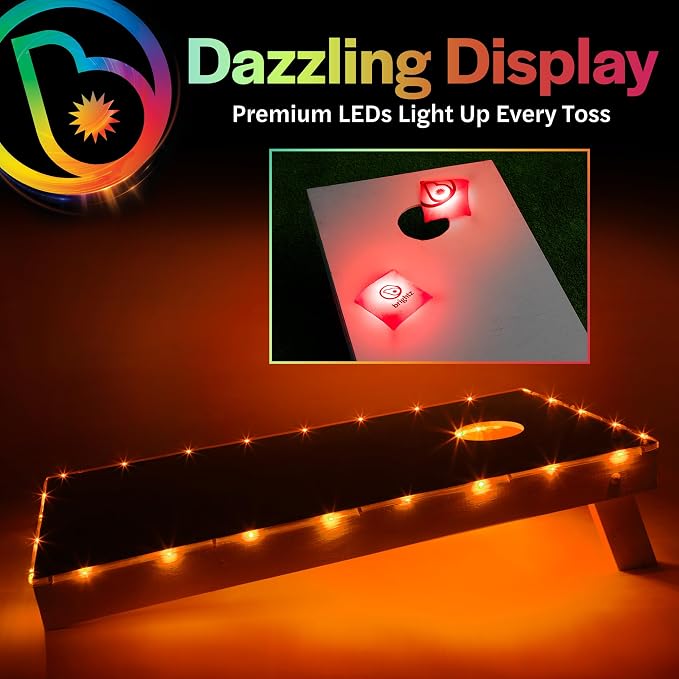 Brightz Cornhole Board Edge Lights with LED Bags - Includes 4-Pack of LED Cornhole Bags + TossBrightz Cornhole Board Edge Lights - The Ultimate Night Time Cornhole Master Set