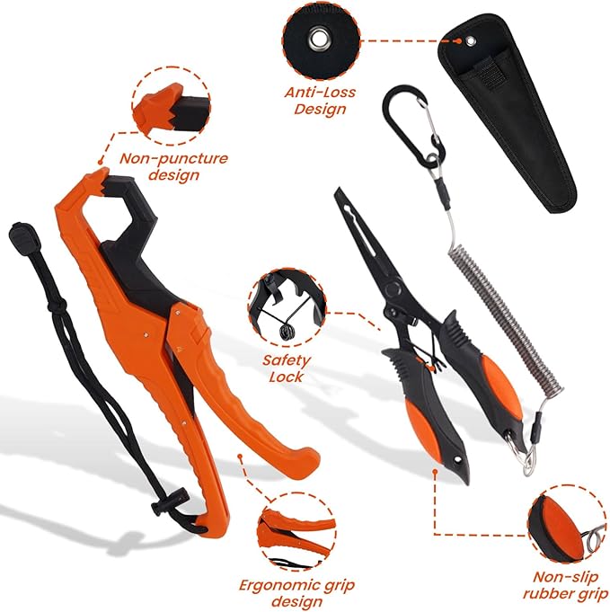 RAWILL 9 Pcs Fishing Tool Kit, Fishing Pliers with Lanyard and Protective Sheaths, Landing Net, Fillet Knife, Fish Scale, Gripper