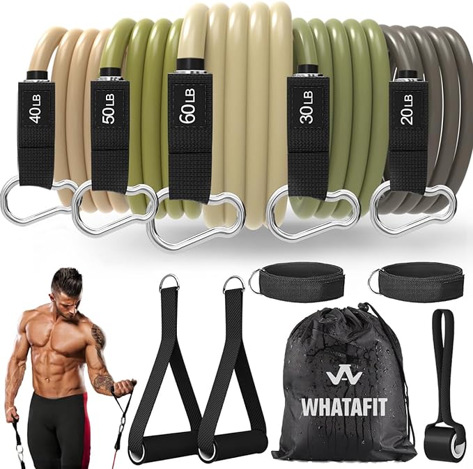 WHATAFIT Resistance Bands, Exercise Bands, Workout Bands with Handles, Door Anchor and Ankle Straps, 5 Resistance Levels Fitness Bands for Strength Training, Physical Therapy, and Home Gym Equipment