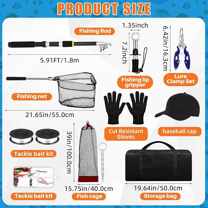 Telescopic Fishing Rod and Reel Combo 2 Pcs Collapsible Fishing Pole Kit with Plier Lip Gripper Lures Carrier Bag Pre-Loaded Spinning Reel for Beginner Men Travel Saltwater Freshwater