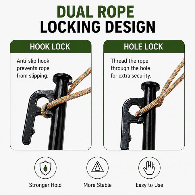 SORIEA Tent Stakes Heavy Duty 10 Inch, 4 Pack Steel Camping Stakes for Tarp, Canopy, Outdoor Ground Anchors for Strong Stability Black