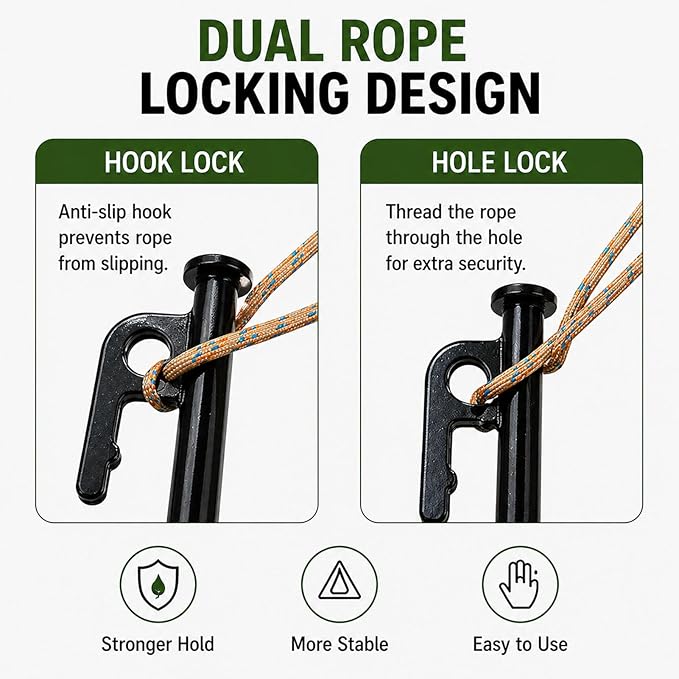 SORIEA Long Tent Stakes 16 Inch Heavy Duty, (4 Pack) Steel Ground Anchors for Strong Wind, Camping, Canopy, Outdoor Shelter Stability Black