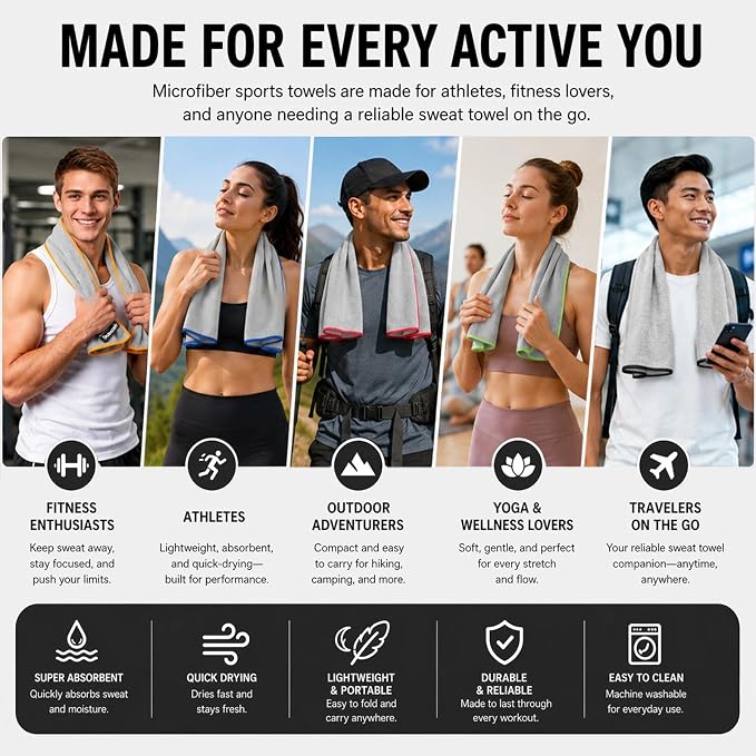 Microfiber Gym Towels for Showering Working Out Quick Dry Negative ions Large Middle Small Sizes Lightweight Gym Towel for Men Women Tennis Sports Towels for Body Hot Yoga Fitness Essentials