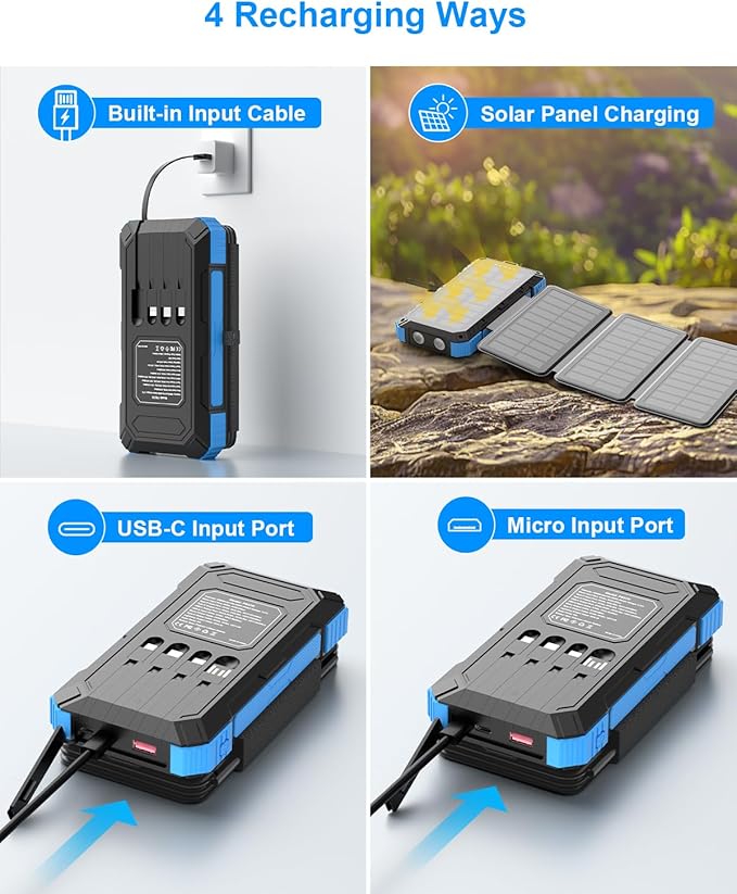 Solar Power Bank 20000mAh, 4 Built-in Cables, PD22.5W Portable Charger
