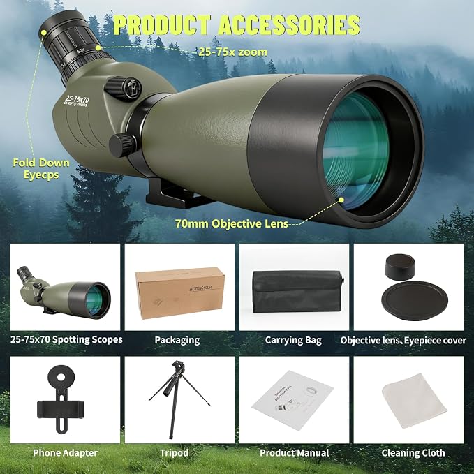 25-75x70 Spotting Scope with Tripod for Target Shooting, Bird Watching