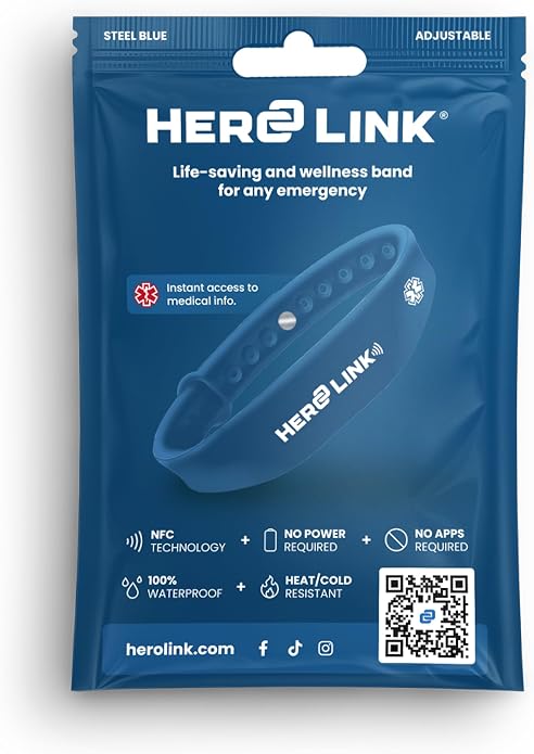 Hero Link® Medical ID Bracelet & Wellness Wristband – Adjustable Silicone, Waterproof, Heat-Resistant, Smart Band with NFC Tag for Instant Emergency Info Access