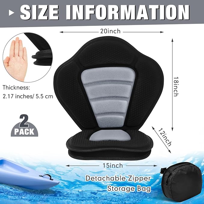 Lewtemi Thicken Kayak Seat with Back Support Canoe Paddle Board Seat with Detachable Storage Bag Adjustable Sit on Top Paddleboard Cushion for Kayaking Canoeing Rafting