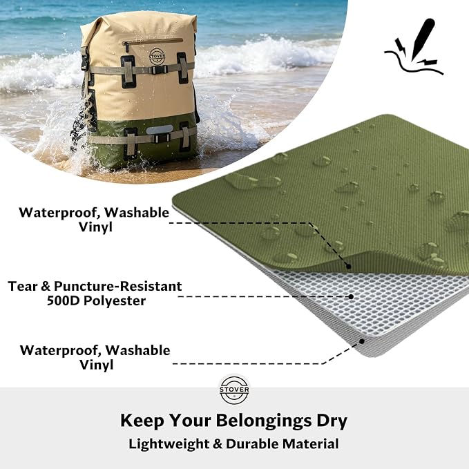 STOVER 55L Waterproof Dry Backpack & Phone Case - 2XL Floating Dry Bag for Kayaking, Travel, Hiking, Fishing, Camping, Motorcycles & Beach, Heavy-Duty Roll Top Men/Women (Tan/Army Green/Brown)