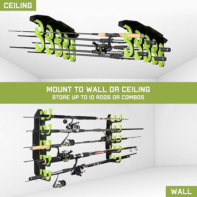 Hikeen Fishing Rod Holders, Fishing Pole Holders for Garage, Wall or Ceiling Mounted Fishing Rod Rack Holds Up to 10 Rods（1 Pack）