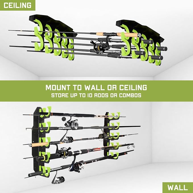 Hikeen Fishing Rod Holders, Fishing Pole Holders for Garage, Wall or Ceiling Mounted Fishing Rod Rack Holds Up to 10 Rods(2 Pack)