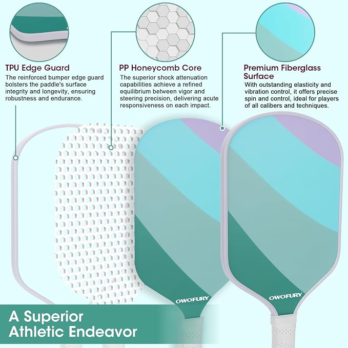 Fiberglass Pickleball Paddles Set of 2, Pickle Ball Racket Lightweight Honeycomb Core Control Paddle, with 4 Indoor Outdoor Balls and Bag for Men Women