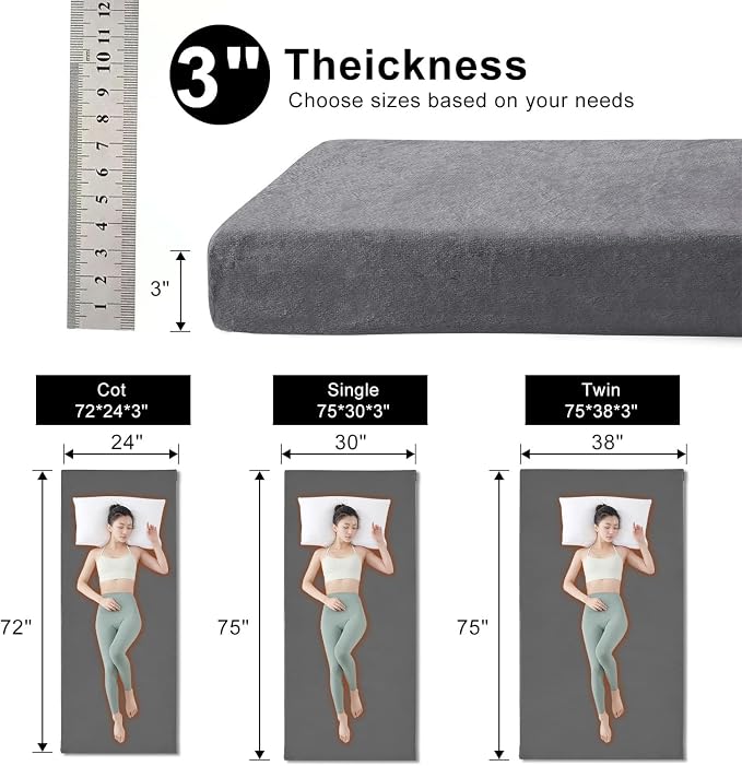 Lxotvae Memory Foam Camping Mattress Pad, 3 Inch Sleeping Pad for Camping, Portable Roll Up Cot Mattress for Adults, Thick Sleeping Mat for Sleepover