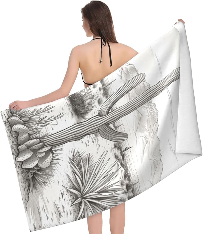 Southwestern Cactus Beach Towel, 32x52in Microfiber Quick Dry Desert Landscape Monochrome Bath Towels, Soft Lightweight Oversized Sand Free, for Travel Pool Swimming Gym Decor, Gifts