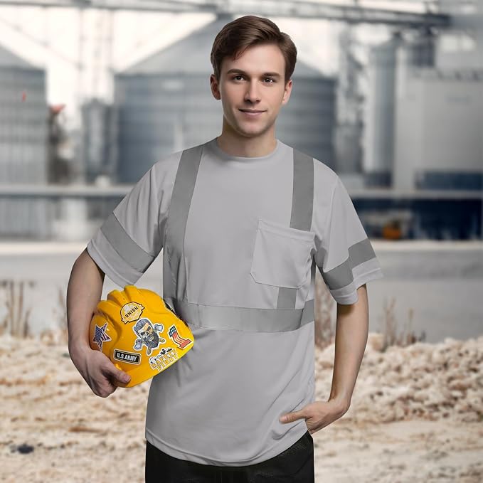 TCCFCCT Safety Class 2 High Visibility Shirt for Men Women, Short Sleeve Construction Work Hi Vis Reflective with Strips, Durable & Breathable, DC-Light Gray S