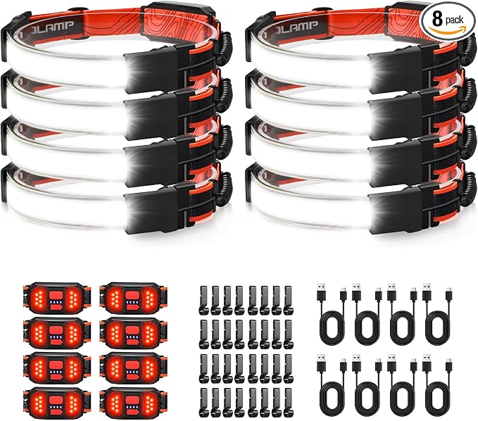 LED Headlamp Flashlight 8Packs, 1000L 230° Broadbeam Headlight, USB Rechargeable Head Lamp with Red Taillight, Lightweight Waterproof Headlamps for Camping Running Hiking, Hard Hat Headlamp