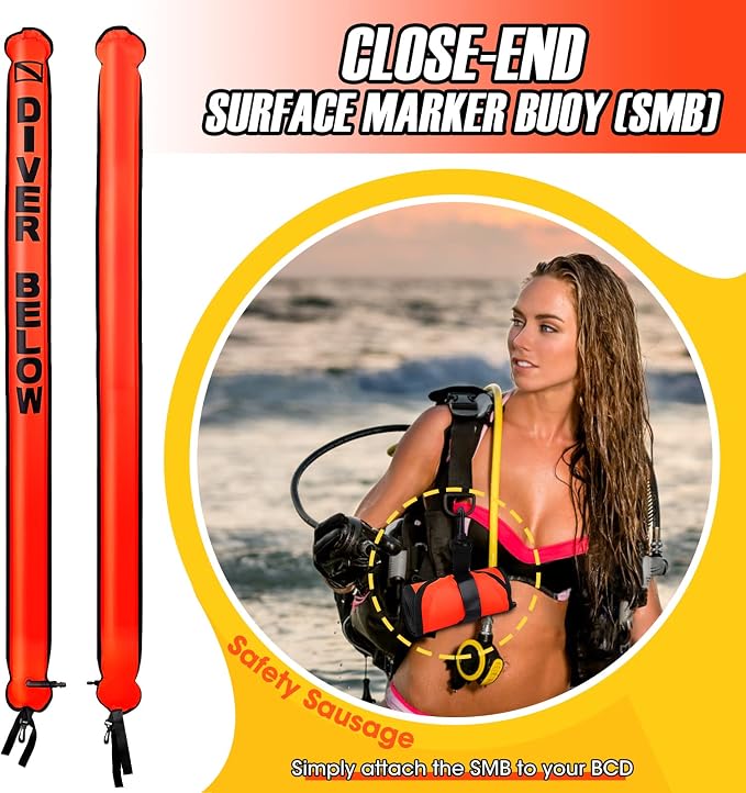 Surface Marker Buoy Set, 6ft Hi-Visibility Inflatable Closed Bottom Signal Tube Safety Sausage with 100ft/30m ABS Finger Spool Reel and Snap Kit for Underwater Scuba Diving