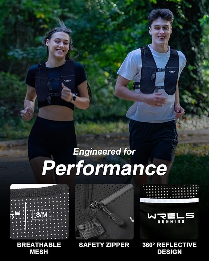 WRELS Running Vest for Women Men,Lightweight Reflective Hydration Vest with TPU 500ml Soft Flask,Adjustable Chest Straps Phone Pocket for Running Marathon