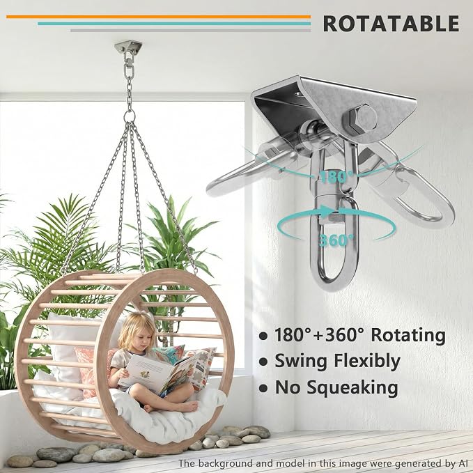 360°Rotating Hammock Hanging Kit, Heavy Duty 1200 lb Capacity Stainless Steel Hanging Swing Hooks, 2 Pack Swing Hanger for Yoga, Hammock Chair, Sandbag, Swing Sets(Silver