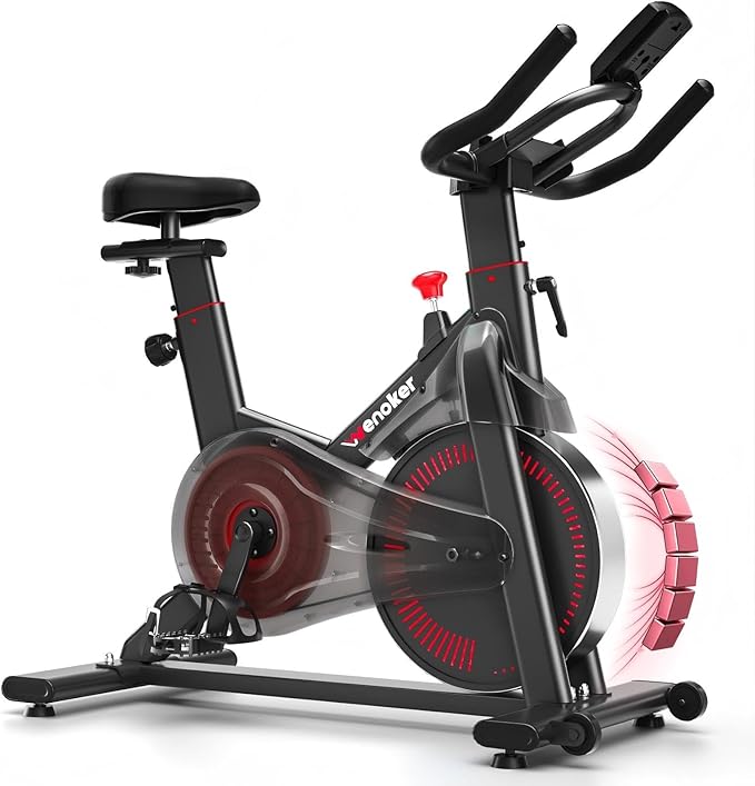 Exercise Bike, Wenoker Magnetic Stationary Bike for Home App Sync Indoor Bike with Adjustable Seat and Handlebar, Transport Wheels and Fitness Courses for Weight Loss