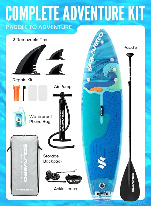 SOLAVERO Stand Up Paddle Board, 11‘ Inflatable SUP Supports 500LB - Wide Stable Board with Non-Slip EVA Deck for Adults & Youth of All Skill Levels