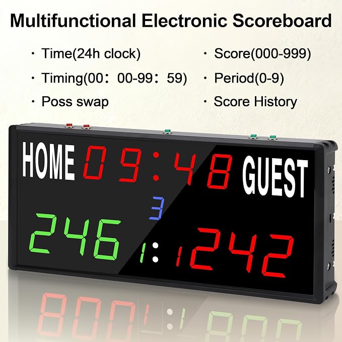 LED Electronic Scoreboard Digital Score Keeper with Remote/Timer/Shot Clock,Portable Basketball Scoreboard with 40-Foot Remote Control ,100FT VISIBLE,24H Clock,Score History,6 Brightness,3 Placements