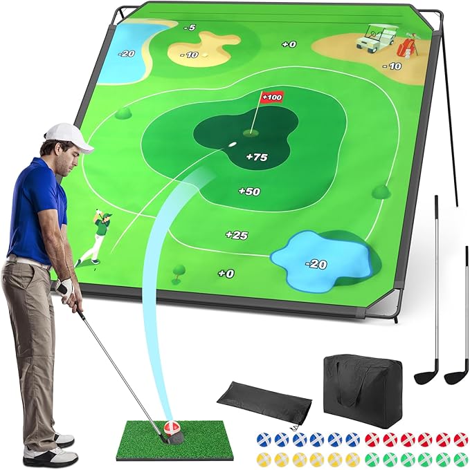BaiYuan 71''x71'' Golf Chipping Game Set for Dads & Junior Golfers, Indoor, Outdoor Backyard & Lawn Fun with 2 Golf Clubs, 24 Sticky Balls, Putting Mat & Carry Bag, Family Yard Target Game