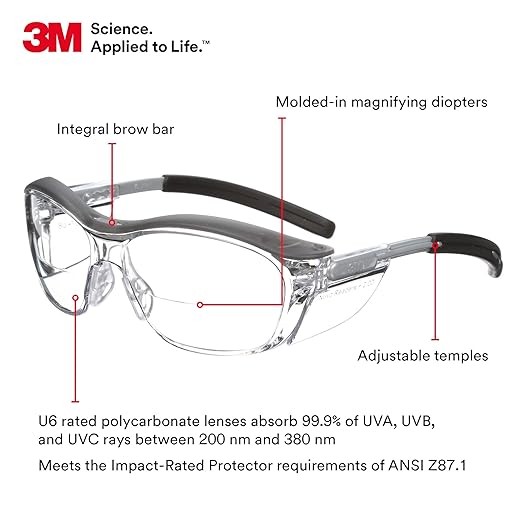 3M Safety Glasses with Readers, Nuvo Readers, +2.0 Diopter, Pack of 1, ANSI Z87, Clear Lens, Gray Frame, Soft Nose Bridge, Side Shields