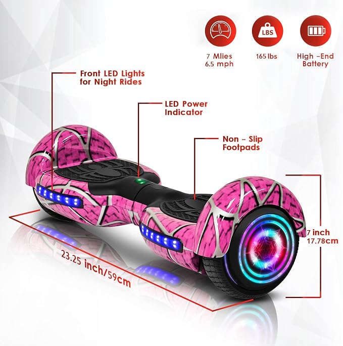 Spider-Pattern Hover Board for Kids Ages 6-12, with Bluetooth Speaker and LED Lights 6.5" Hover Board, UL2272 Safety Certified (Pink)
