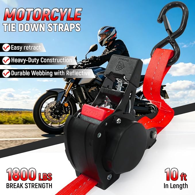 Retractable Ratchet Straps (Patented-2pack) - 1 inch x 10Feet (1,800lb Break Strength) Auto Self Retracting Tie Down Straps - Self Retractable Straps with Refletcive for Motorcyle, Truck or Cargo