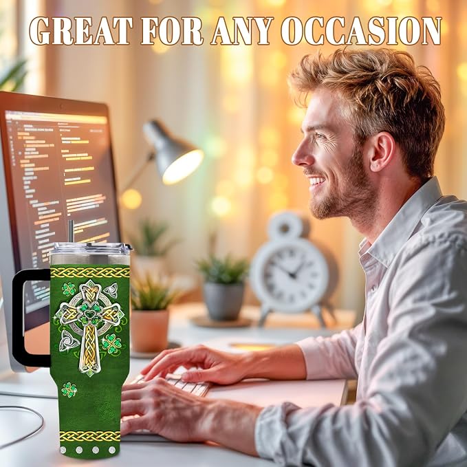 DUUV St Patricks Day Tumbler 40oz, Insulated St Patricks Gift for Women | In My Veins Irish Rebels Cup Gifts for Men Women Husband Dad Leakproof, Four Leaf Clover Design Gift Mug, 1 Pack
