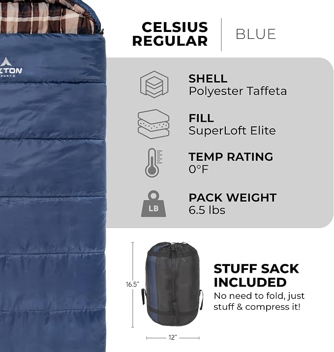 Teton Celsius XL, 25F, 20F, 0F Degree Sleeping Bags, All Weather Warm Sleeping Bag for Adults and Kids, Camping Season, Compression Sack Included