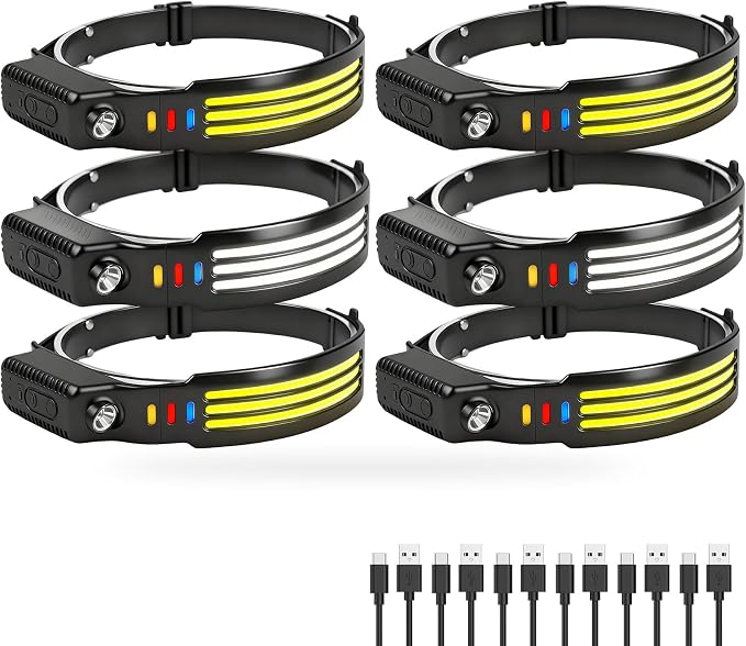 6Pack LED Headlamp Rechargeable, 1200 High Lumen Head Lamp, 230°Wide Beam, 5 Light Modes, IPX6 Waterproof Head Light for Camping, Running, Hiking