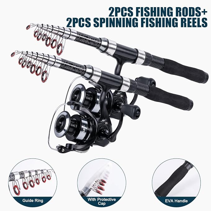 Goture Fishing Rod and Reel Combos-2PCS Telescopic Fishing Pole+2PCS Spinning Reels with Carrier Bag, Telescopic Rod Reel Lures Kit for Starter Travel Saltwater Freshwater