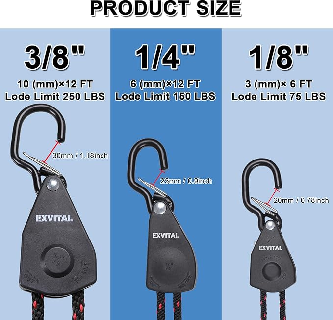 2PCS Kayak Rope Tie Down Ratchet Straps 3/8" ×12' Bow and Stern Tie Down Kayak with Safety S Hook Heavy Duty Ratchet Rope Kayaks and Canoe Accessories Black