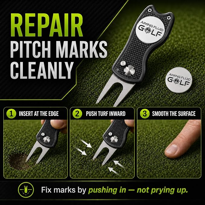 Golf Divot Repair Tool — 5-in-1 Golfing Ball Marker, Pitch Mark Repair, Putting Alignment, Club Tee, and Groove Cleaner, Accessory Metal Switchblade Design - Ideal Gift for Golfers