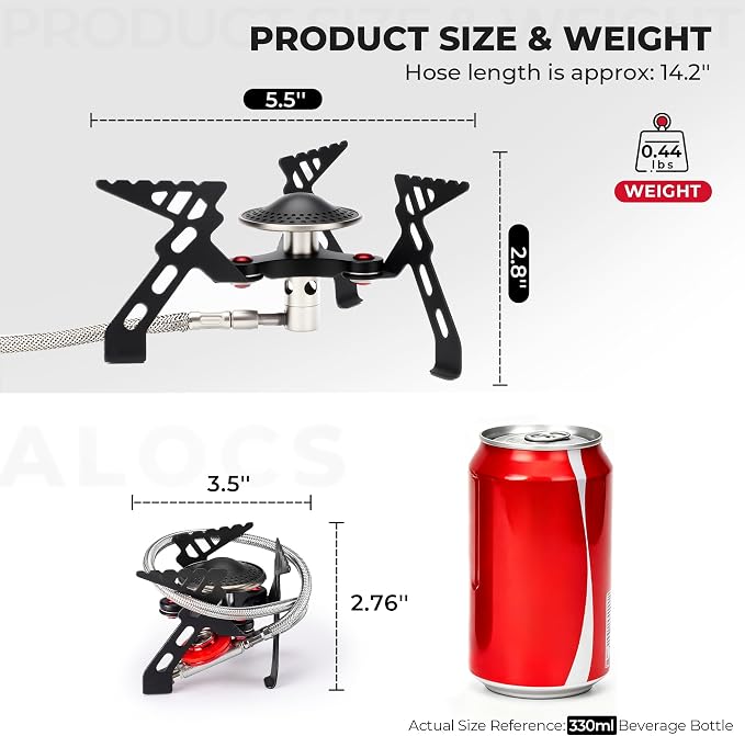 Alocs 2800W Backpacking Stove, Portable Camping Stove with Ignition, Mini Camp Stove with Butane Adapter, Foldable Gas Stove with Carry Bag for Outdoor Cooking, Hiking, Picnic, Emergency use